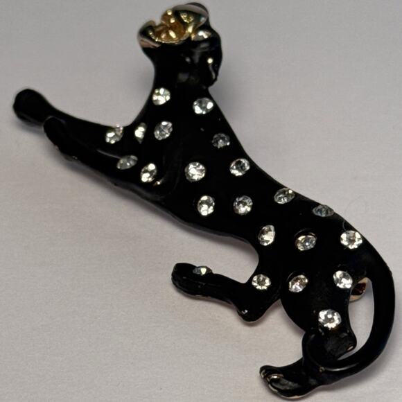 Vintage Black Panther Brooch Pin Gold Tone Black Enamel Rhinestone - Picture 2 of 14